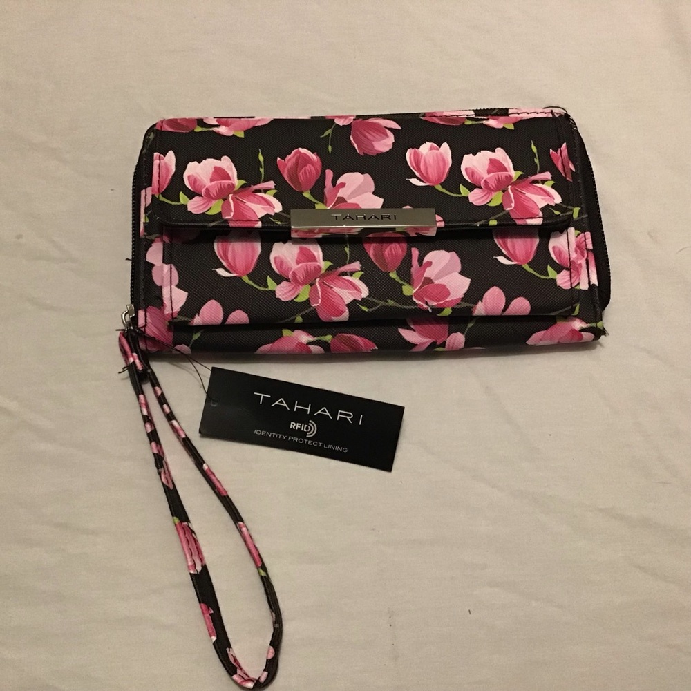 Tahari Black W/Pink Floral Button Close Wallet NWT